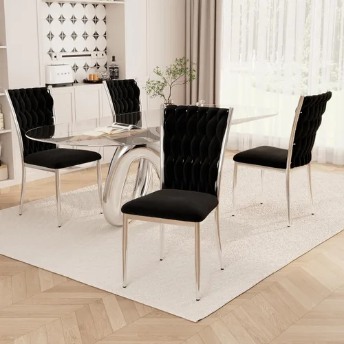Miniatura 15 de Juego de 2 sillas de comedor de terciopelo, modernas sillas de cocina tejidas con patas de metal dorado, cojín tapizado con respaldo alto