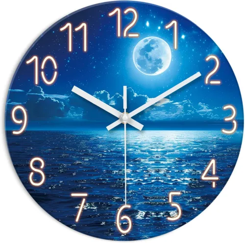 Miniatura 10 de XFM Reloj de pared azul con pilas, 12 pulgadas, silencioso, sin tictac, de cristal, luna, océano, ondas, relojes redondos para decoración de cocina