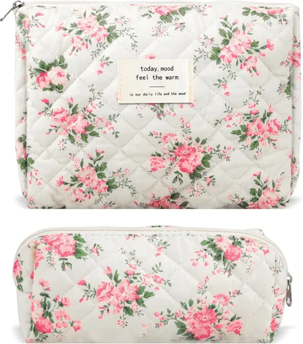 Miniatura 8 de 2 bolsas de maquillaje acolchadas de algodón para viaje, bolsa grande y pequeña para mujeres, bolsas de maquillaje de coqueta floral, bonita bolsa
