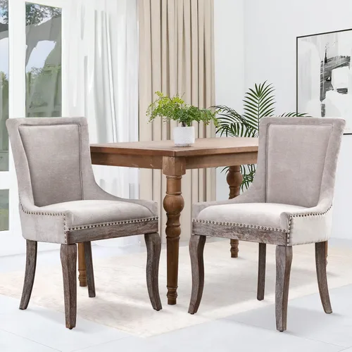 Juego de 2 sillas de comedor, sillas tapizadas de cocina y comedor, sillas de tela gruesa con patas de madera maciza de tonos neutros, cabeza de