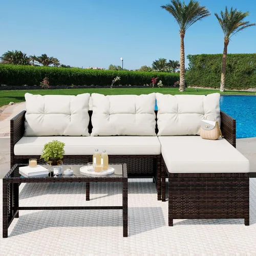 Miniatura 2 de Vongrasig Juego de muebles de patio de 3 piezas, sofá seccional de mimbre PE para todo tipo de clima, juego de conversación pequeño para Beige