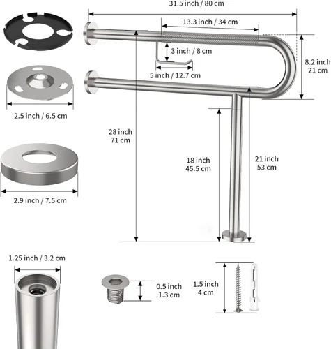 Miniatura 2 de ZUEXT - Barra de apoyo para inodoro con patas de 31.5 x 28 pulgadas, barra de soporte de inodoro moleteada de níquel cepillado con soporte