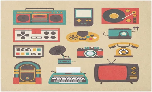 Tapete retro, arreglo de dispositivos de entretenimiento antiguos de moda, ilustración de radio Gameboy Walkman, tapete decorativo de poliéster con