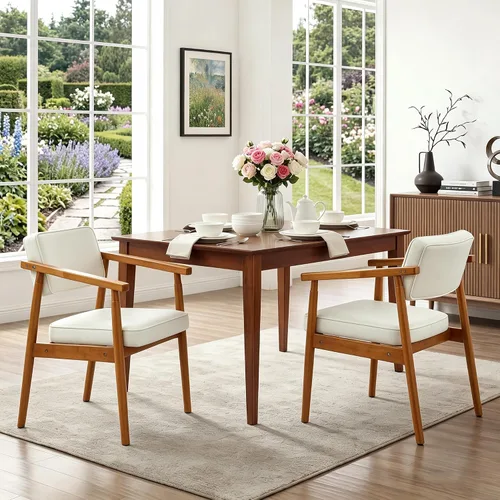 Miniatura 10 de LSSPAID Juego de 1 silla de comedor de mediados de siglo, sillón tapizado en tela de lino beige con reposabrazos de madera, respaldo cómodo, silla