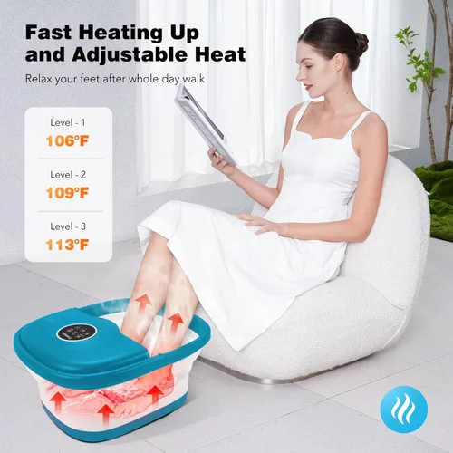 Miniatura 2 de KNQZE Spa de pies plegable con calor, control remoto, control de temperatura, burbujas, piedra pómez, luz roja, temporizador, 16 rodillos de masaje