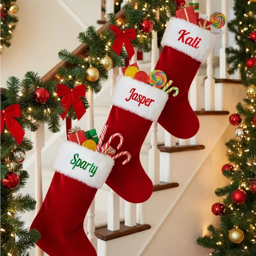 Miniatura 5 de Ulico Medias personalizadas de Navidad, medias familiares con nombre personalizado, media grande de terciopelo rojo de 20" con puño suave de felpa