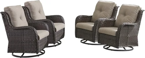 Miniatura 7 de HUMMUH Sillas Mecedoras Giratorias de Mimbre para Patio Exterior con Respaldo Alto, Sillas Deslizantes de Ratán PE, Juego de Muebles de Patio de 4