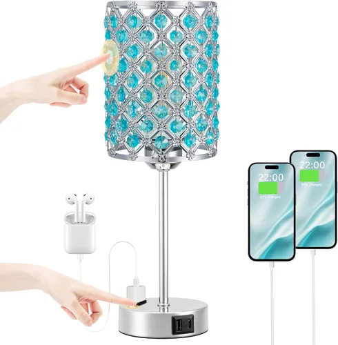 Miniatura 9 de Lámpara de mesa de cristal con control táctil, lámpara de mesita de noche regulable con puertos de carga USB-C+A y CA, lámpara USB dorada de 3 vías