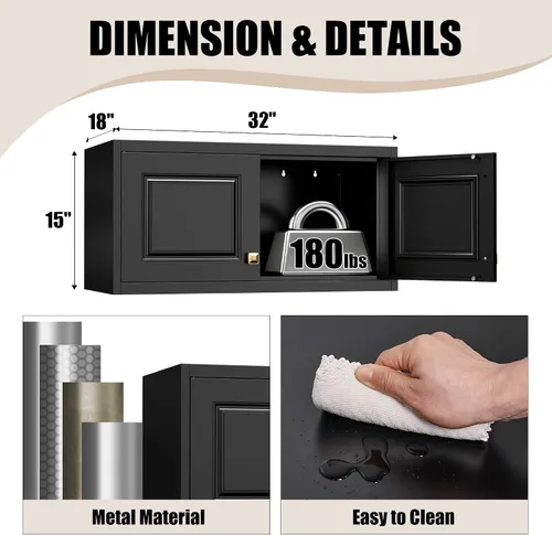 Miniatura 3 de Armario de almacenamiento de metal con puertas, armario pequeño de armario, armario de pared de almacenamiento negro, gabinetes de ropa de 15