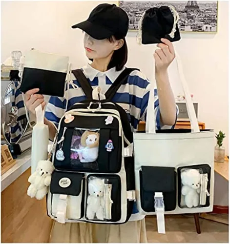 Miniatura 6 de Mochila Kawaii de 5 piezas, bolsa deportiva estética de 17 pulgadas con bonita mochila, bolsa de hombro, caja de lápices, bolsa de mano, bolsa