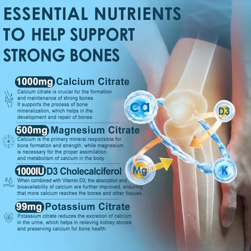 Miniatura 3 de Citrato de calcio Vitamina D3 1000IU Gomitas para mujeres y hombres, complejo de salud ósea sin azúcar con calcio, magnesio, zinc potasio y B6, alta