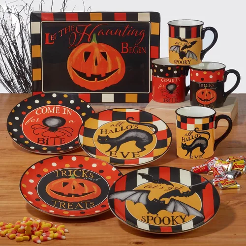 Miniatura 3 de Bandeja rectangular espeluznante de Halloween – Bandeja de cerámica de 14 x 10 pulgadas con mensaje «Let the Haunting Begin» – Vajilla de fiesta