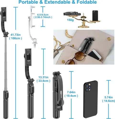 Miniatura 7 de SelfieShow Selfie Stick, Palo de Selfie Extensible con Trípode, Control Remoto Inalámbrico y Soporte de Trípode, Portátil, Ligero, Compatible