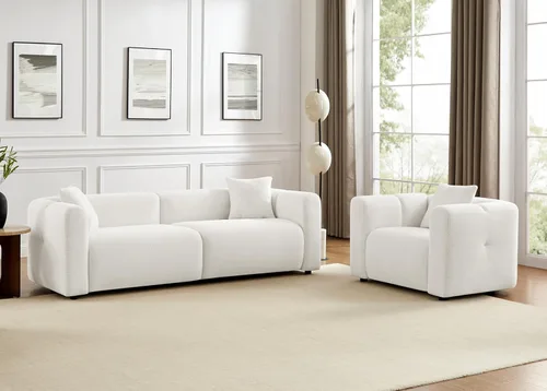 Miniatura 8 de Juegos de muebles de sala de estar VANOMi incluyen sofá de 95" y sillones de 42", sofá tapizado de bouclé extragrande con almohadas, juego de Blanco