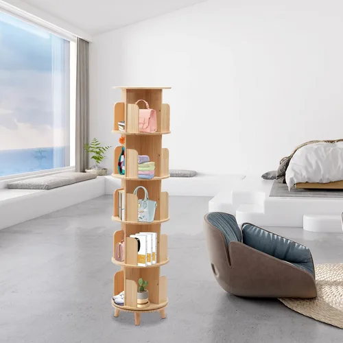 Miniatura 5 de Estantería giratoria de 360°, estante apilable de madera maciza de 5 niveles, estante de almacenamiento de pie para sala de estar, estudio y oficina