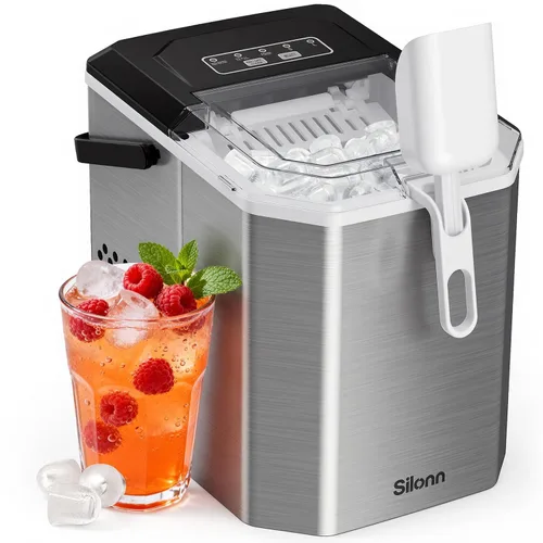 Silonn - máquina de hielo para encimera, máquina de hielo portátil de acero inoxidable con asa de transporte, máquinas de hielo autolimpiables con
