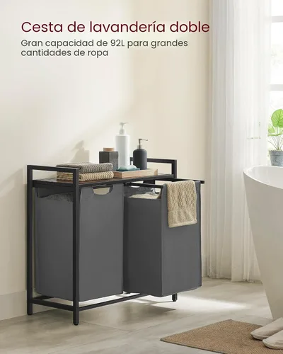 Miniatura 3 de VASAGLE cesto para la ropa, cesta de lavandería, clasificador de ropa con 2 bolsas extraíbles y tiradores, estante, estructura metálica, 2 x 12.1