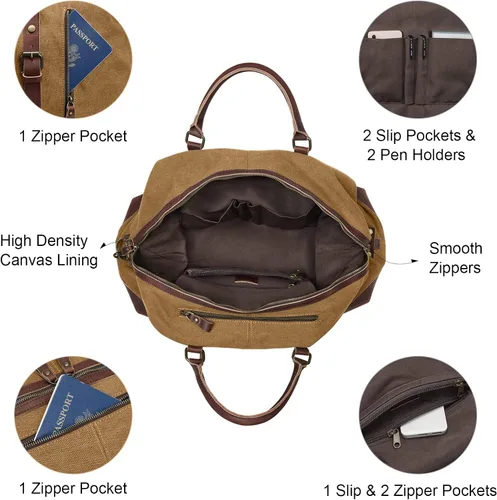 Miniatura 17 de S-ZONE - Bolsa de viaje de lona sobredimensionada con adornos de cuero genuino, bolsa deportiva de hombro de fin de semana, bolso de fin de semana