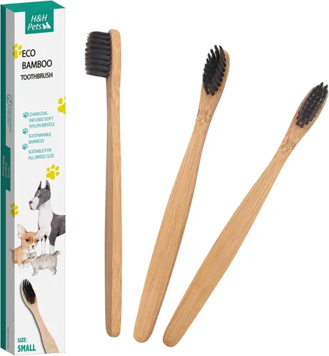 H&H Pets Juego de cepillos de dientes de bambú para perros y gatos, cerdas suaves y cepillo de dientes de madera biodegradable, suministros para