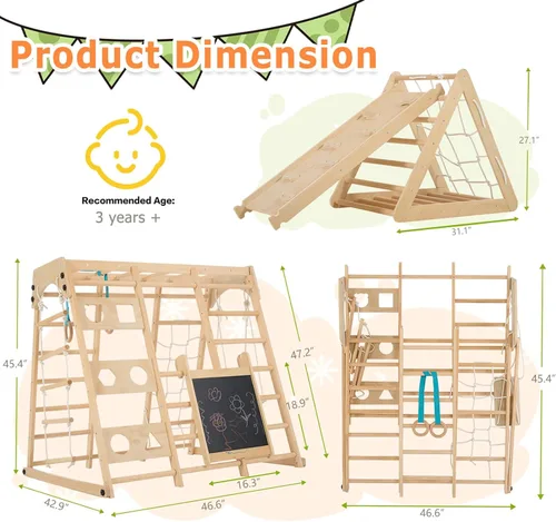 Miniatura 7 de Parque infantil 12 en 1: juego de escalada plegable para niños con tobogán, roca/red, barras de mono, tabla de dibujo, columpio y juego de pickler