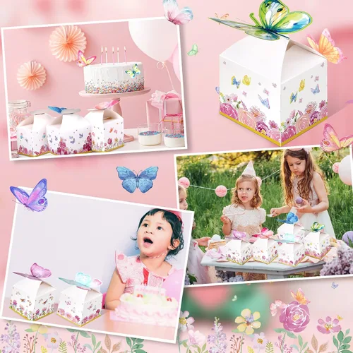 Miniatura 5 de Ctosree 24 cajas de regalo de fiesta de mariposa, bolsas de dulces florales, caja de papel de regalo de mariposa rosa para niña, decoración azul