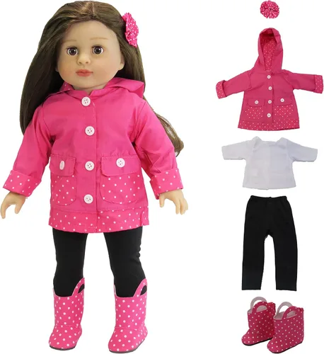 American Fashion World Impermeable de lunares rosa para muñecas de 18 pulgadas | Juego de 5 piezas | Calidad premium y diseño moderno | Ropa de