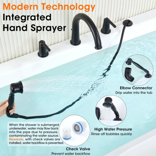 Miniatura 6 de WT-9808BK WT-9808BK - Kit de ajuste para grifo de bañera con ducha de mano y válvula de montaje en cubierta de 4 agujeros de alto flujo clásico