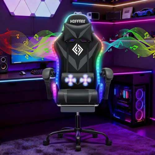 Miniatura 16 de HOFFREE - Silla gamer con masaje, altavoces Bluetooth y luces LED, silla ergonómica para computadora y videojuegos con reposapiés, silla de Azul