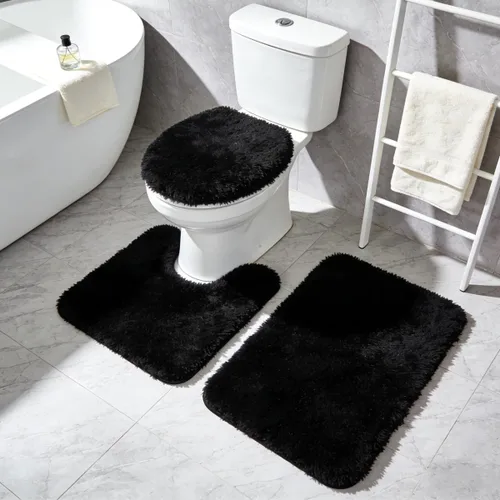 Miniatura 6 de RUN HELIX Juego de alfombras de baño negras de 3 piezas, alfombras de baño peludas, antideslizantes, absorbentes de agua, alfombras de baño suaves