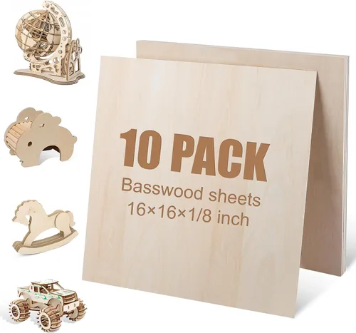 10 paquetes de hojas de tilo de 16x16x1/8 pulgadas, hojas de tilo de gran tamaño para corte láser y grabado, tablero de madera contrachapada sin