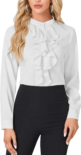 Miniatura 19 de LYANER - Blusa de cuello alto con botones, volantes en el frente, manga larga, camisa de trabajo para mujer