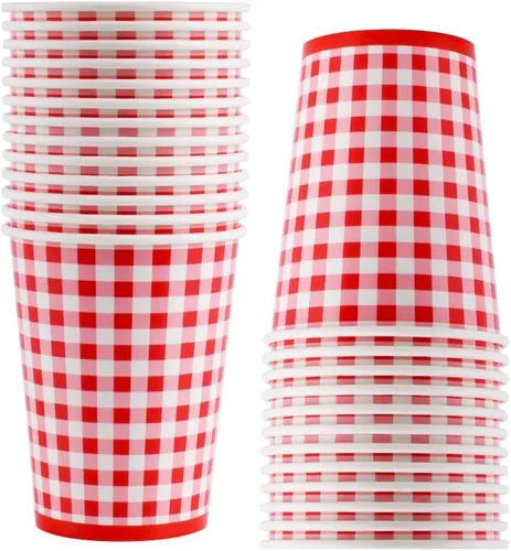 Miniatura 7 de Gatherfun suministros para fiesta con cuadros rojos y blancos, platos, servilletas, vasos, cuchillos, cucharas, tenedores, mantel y pancarta