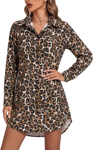 Miniatura 16 de LYANER Vestido camisero para mujer con cuello en V, botones, manga larga y dobladillo curvado