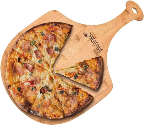 Miniatura 2 de Pala de madera de bambú prémium para pizza y tabla de cortar con mango (para hornear pizza, pan, cortar frutas, verduras, queso) – Tamaño personal