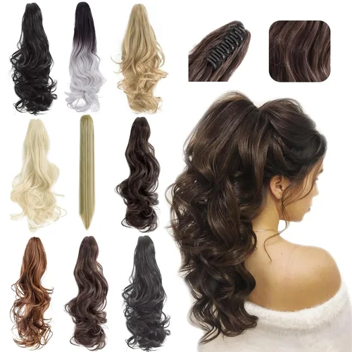 Miniatura 27 de Felendy Extensión de cola de caballo de 18 pulgadas, mezcla de rubio ceniza, marrón oscuro, rizado, ondulado, con clip, extensiones de cabello largo