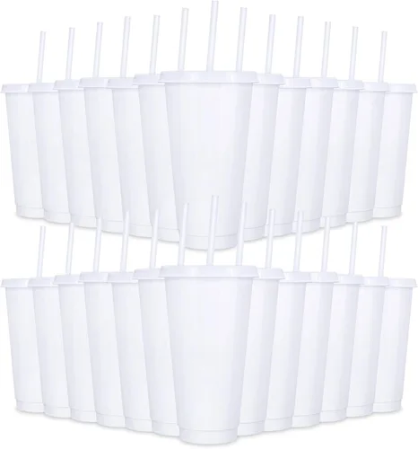 Miniatura 28 de Paquete de 24 vasos de plástico con tapas y popotes, vasos reutilizables con tapas y popotes, vasos coloridos para bebidas frías y café helado
