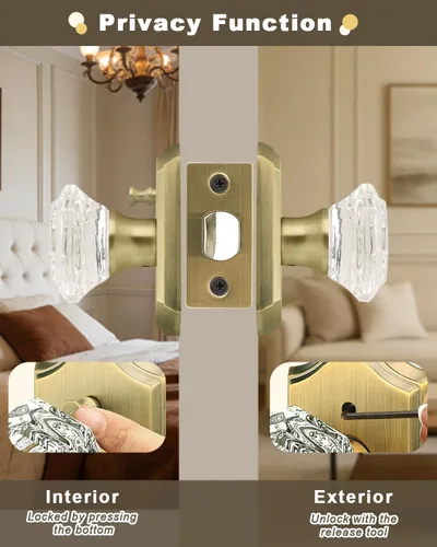 Miniatura 2 de Gobrico Juego de pomos de puerta de vidrio transparente para interiores, cerradura de puerta de cristal de diamante de privacidad en latón antiguo