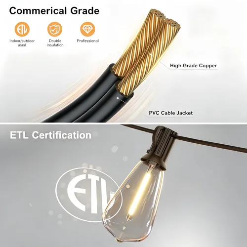 Miniatura 5 de Guirnalda de luces para exteriores de 25 pies, luces impermeables para patio con bombillas Edison ST38 vintage inastillables, luces colgantes