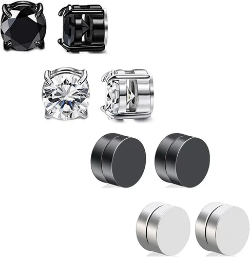HENGYID Juego de 4 pares de aretes magnéticos de acero inoxidable para hombres y mujeres, con imán de circonita cúbica sin perforaciones, 0.236in