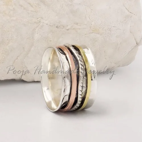 Miniatura 3 de Anthe Wave Band Mixed Metal Ring, 925 Sterling Silver Spinning Ring, Wide Spinner Ring, Chunky Thumb Ring For Women, Meditation Ring, Handmade Ring