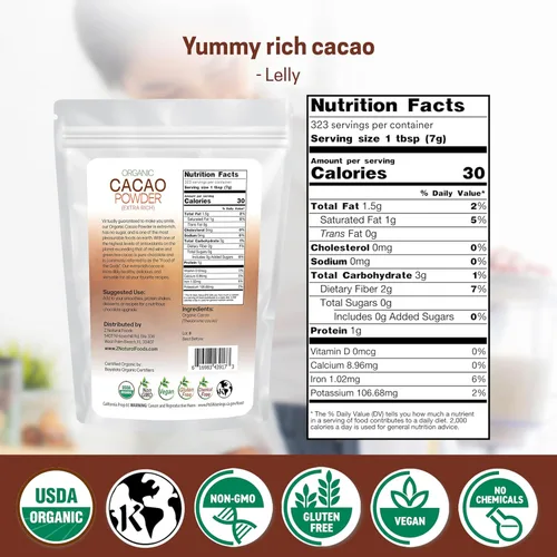 Miniatura 2 de Z Natural Foods Cacao orgánico en polvo, lleno de nutrición, sabor a chocolate negro extra rico, perfecto para recetas de chocolate, batidos