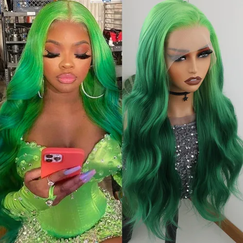 Miniatura 18 de Missyvan - Pelucas de encaje frontal verde para mujeres, ondas corporales, con detalles en negro y verde, tiras de rayas de zorrillo, sin pegamento