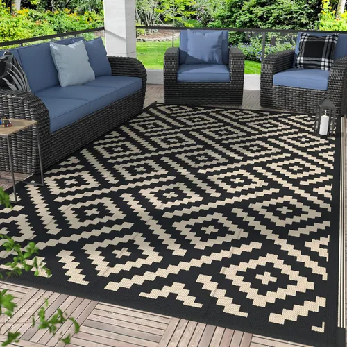 GENIMO Alfombra de exterior impermeable de 5 x 8 pies, alfombras reversibles, alfombra de área, alfombra de plástico para exteriores, alfombra Negro