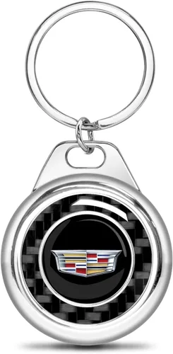 iPick Image para Cadillac - Llavero con logo del escudo en fibra de carbono negra redonda, estuche metálico, llavero con licencia oficial Negro
