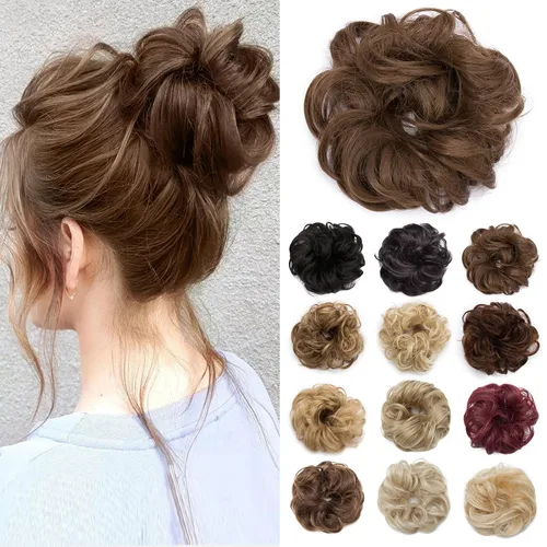 Miniatura 10 de Benehair Moño desordenado, pieza de pelo recogido para mujer, esponjoso, ondulado, moño con dona, moño sintético con banda elástica de goma
