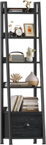 Miniatura 13 de Furologee Estantería de escalera con cajón, estante industrial de 5 niveles, estantes de almacenamiento abiertos para libros, CD, fotos, estantería