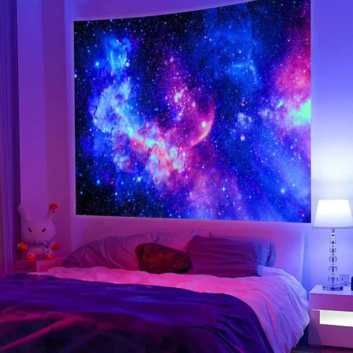 Miniatura 2 de Tapiz de galaxia con luz negra para dormitorio, espacio estético, cielo estrellado, estrellas, universo, telón de fondo, póster de luz negra