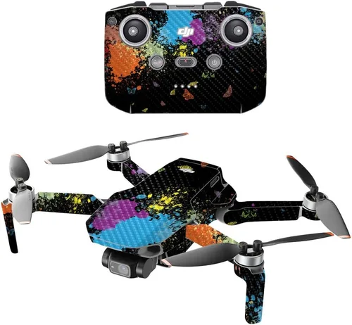 Miniatura 8 de Mighty Skins Fibra de carbono compatible con el dron portátil DJI Mini 2, salpicaduras de neón, acabado de fibra de carbono texturizado protector