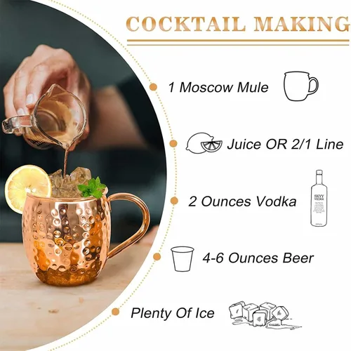 Miniatura 3 de Moscow Mule - Juego de 2 tazas de cobre martilladas de 16 onzas con forro de acero inoxidable 304 grandes hechas a mano para beber, aptas