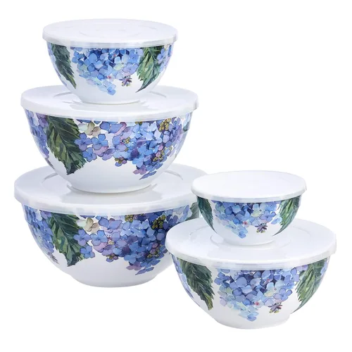 Amazon Basics Cuencos de melamina anidables para mezclar con tapa y base antideslizante, 5 tamaños, juego de 10, floral de hortensias, 3 15/16", 7